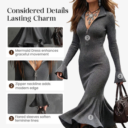 Retro Zipper Neck Trumpet Sleeve Midi Dress