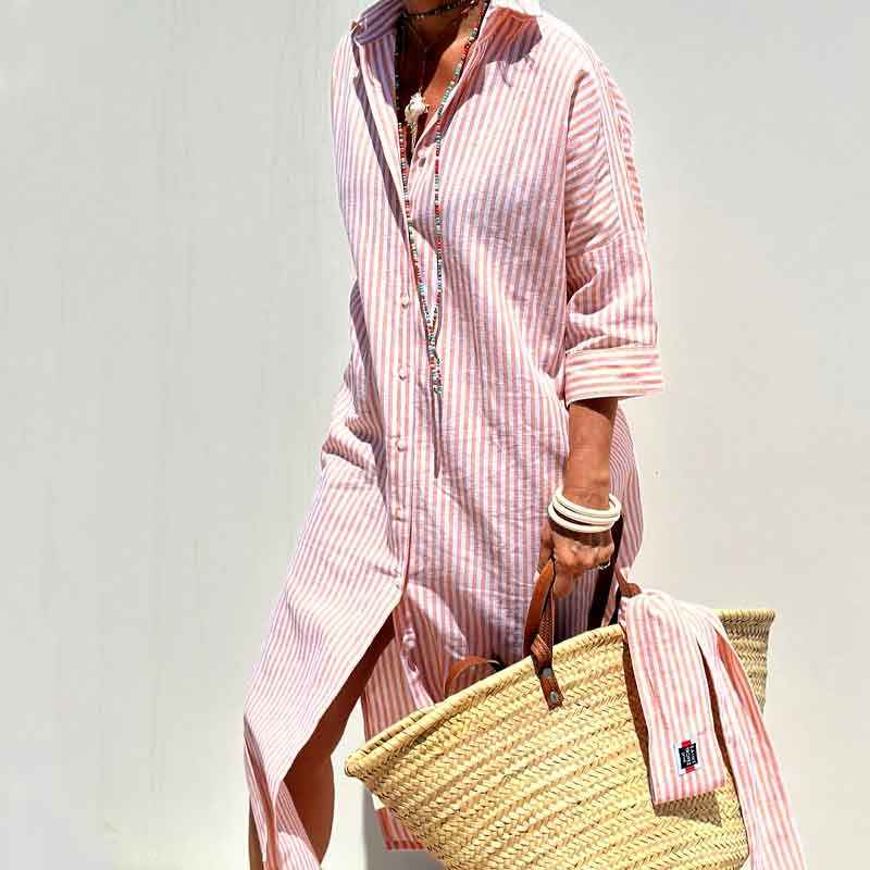 Classic Striped Lace-Up Shirt Dress