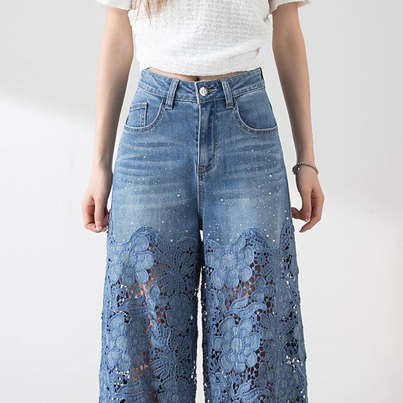 Women's High-Waisted Blue Denim Wide-Leg Pants with Cut-Out Lace Panels