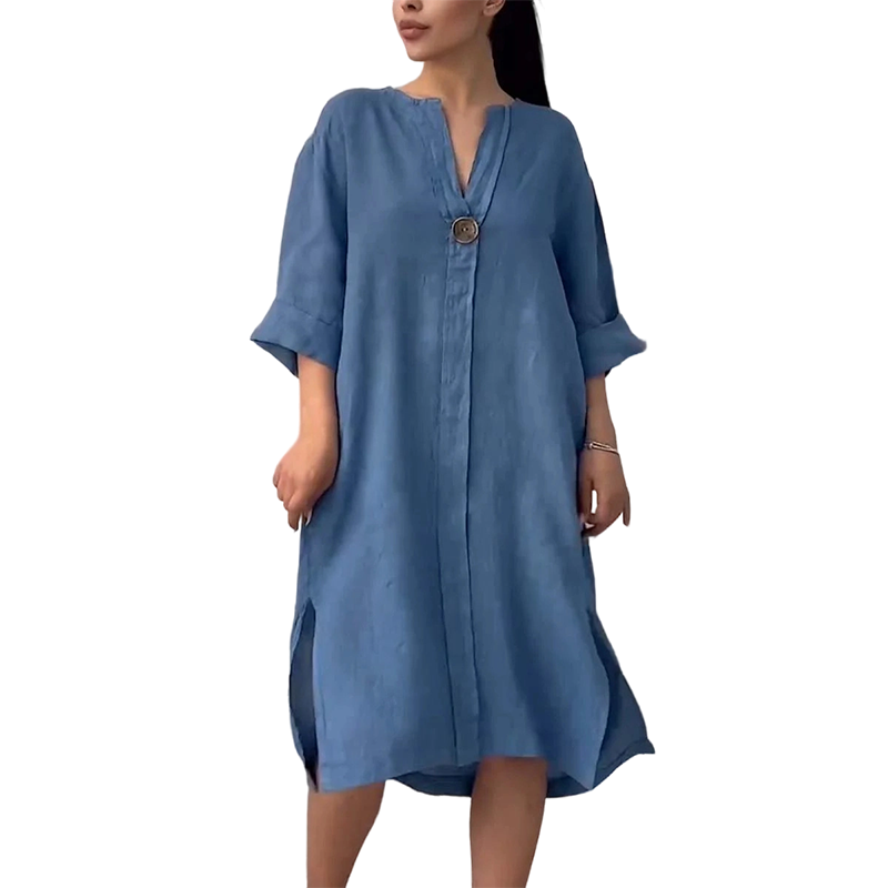 Women's Casual V-Neck Linen Shirt Dress