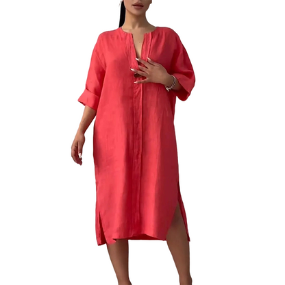 Women's Casual V-Neck Linen Shirt Dress
