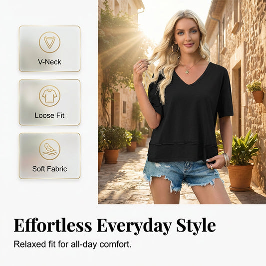 Women's Half Sleeve V-Neck Top with Patchwork Hem