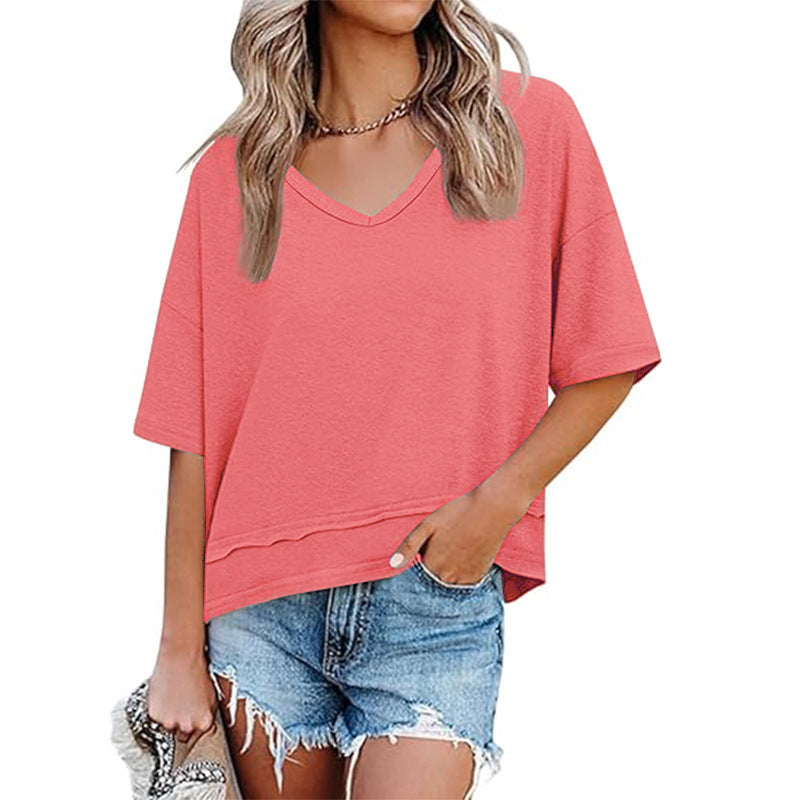 Women's Half Sleeve V-Neck Top with Patchwork Hem