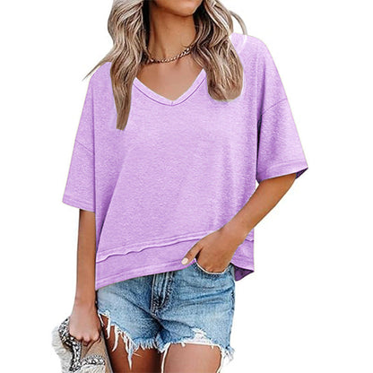 Women's Half Sleeve V-Neck Top with Patchwork Hem