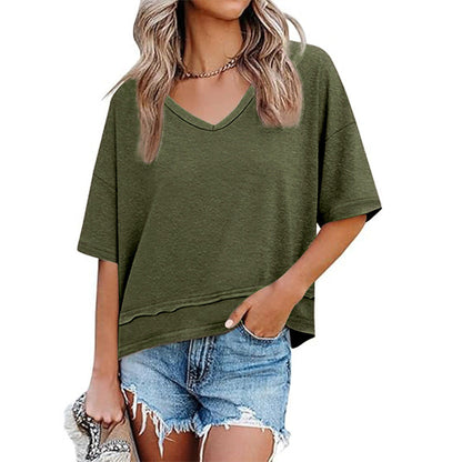 Women's Half Sleeve V-Neck Top with Patchwork Hem