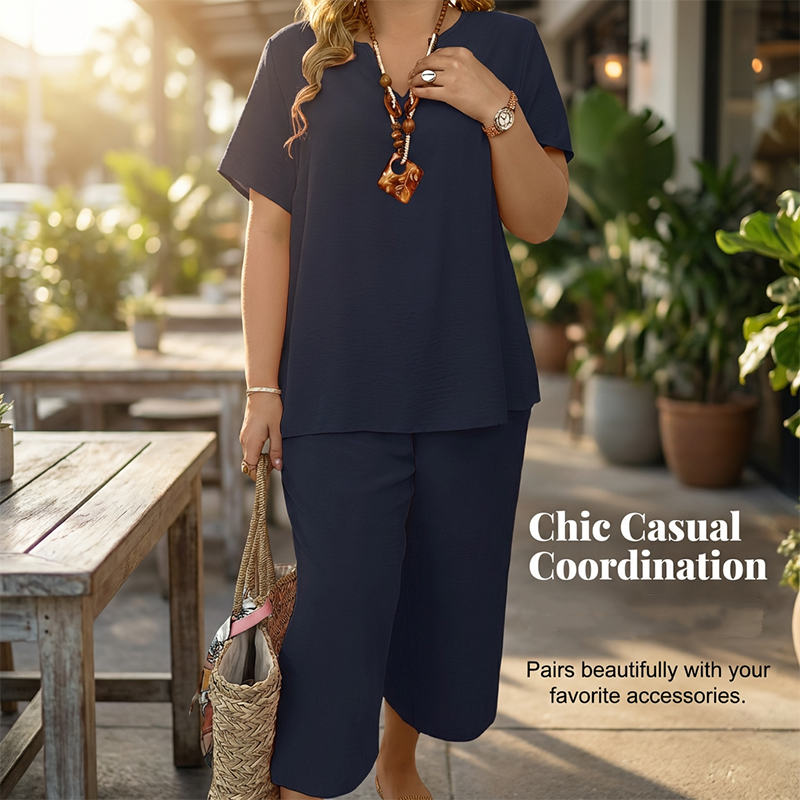 💕Women's Casual Short Sleeve Top & Wide Leg Pants Set☁️