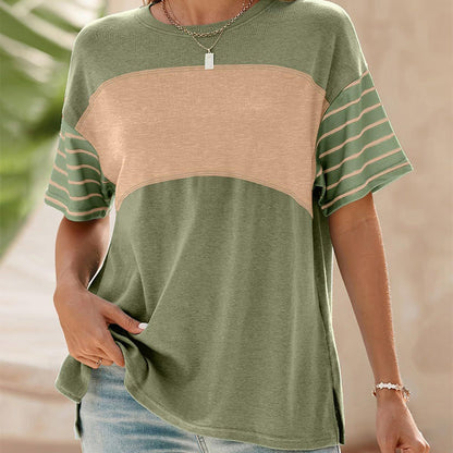 🔥Women's Casual Round Neck Striped Color Clash Short Sleeve Top