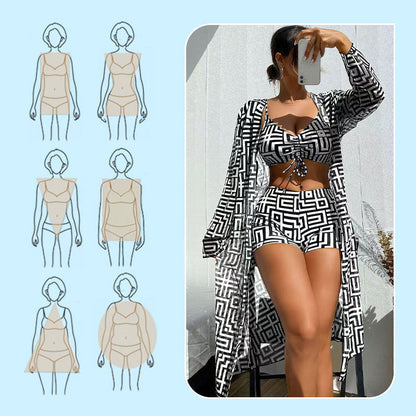 Women's Geometric Print 3-Piece Swimwear Set | High-Waisted Tummy Control Bikini & Sheer Cover-Up | Summer Beach Holiday Outfit