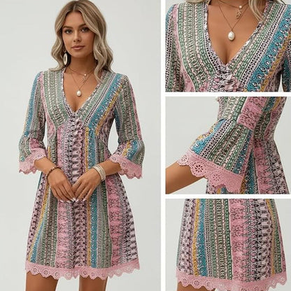 Women's V-Neck Mini Dress with Geometric Print & Lace Trim - Perfect for Vacations