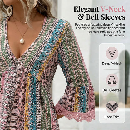 Women's V-Neck Mini Dress with Geometric Print & Lace Trim - Perfect for Vacations