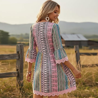 Women's V-Neck Mini Dress with Geometric Print & Lace Trim - Perfect for Vacations