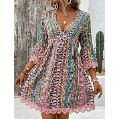 Women's V-Neck Mini Dress with Geometric Print & Lace Trim - Perfect for Vacations