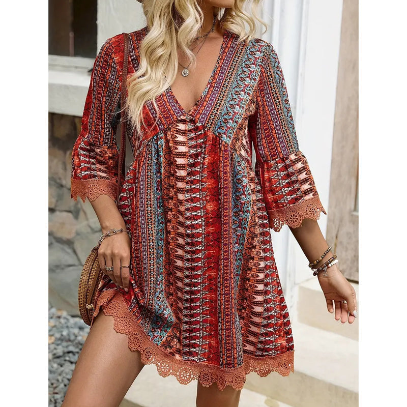 Women's V-Neck Mini Dress with Geometric Print & Lace Trim - Perfect for Vacations