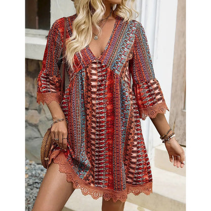 Women's V-Neck Mini Dress with Geometric Print & Lace Trim - Perfect for Vacations