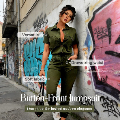 🥳 HOT SALE🥳💞50K+ SOLD!Women's Short Sleeve Button-Front Jumpsuit