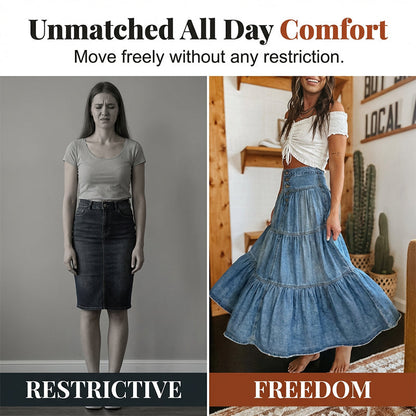👗 Denim Maxi Skirt – High Waist, Tiered, A-Line, Button Front ✨
