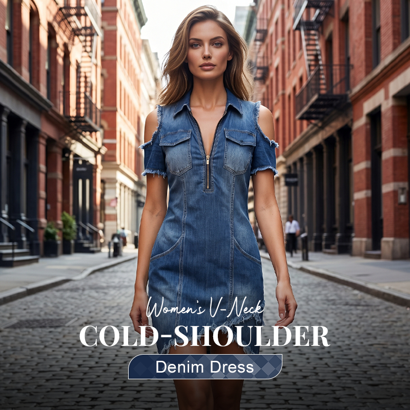 👖 ✨ Women's Cold-Shoulder Denim Dress – V-Neck, Flowy, Boho 🌼