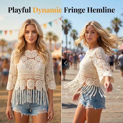 Bohemian Crochet Hollow-Out Top with Fringe Hem