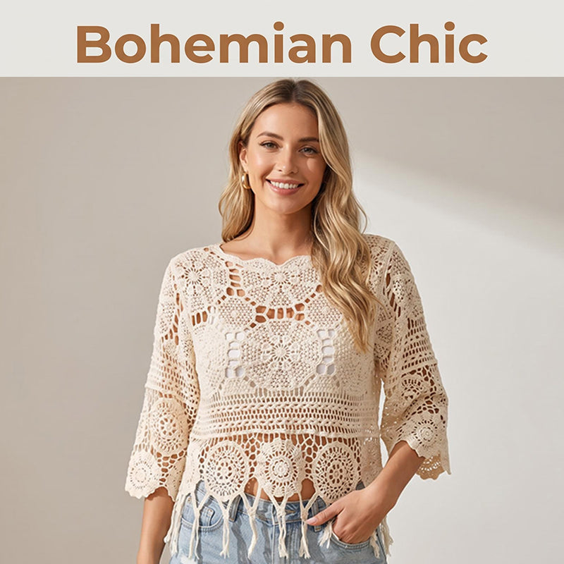 Bohemian Crochet Hollow-Out Top with Fringe Hem