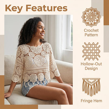 Bohemian Crochet Hollow-Out Top with Fringe Hem