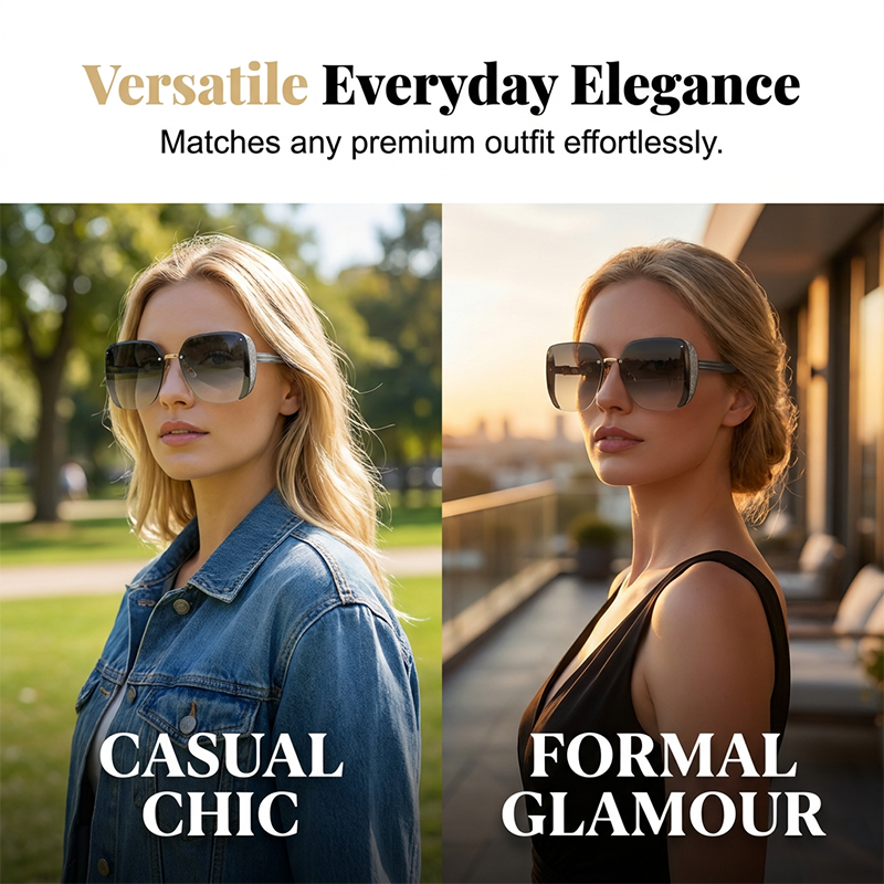Rimless Oversized Square Sunglasses – Gradient Lens, Glitter Details, UV Protection ✨
