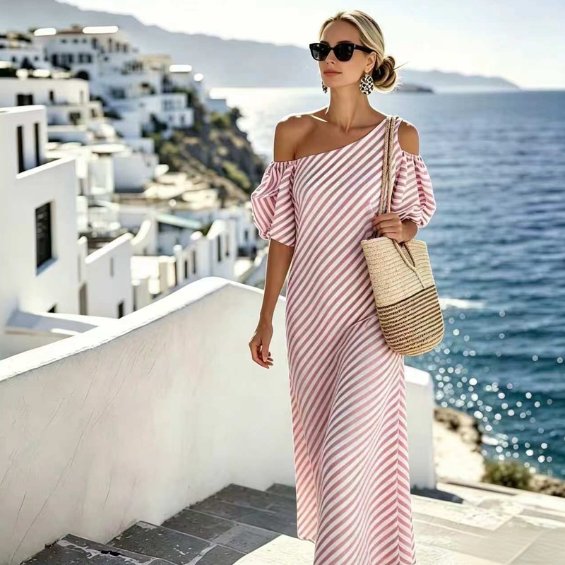 👗  Women's Striped Off Shoulder Dress – Elegant, Flowy, Summer Chic 🌊