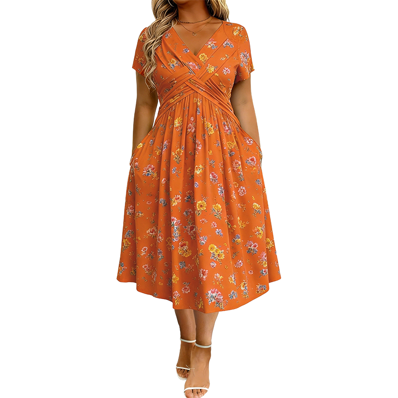 ✨Women's V-Neck Floral Print Dress with Twist Waist