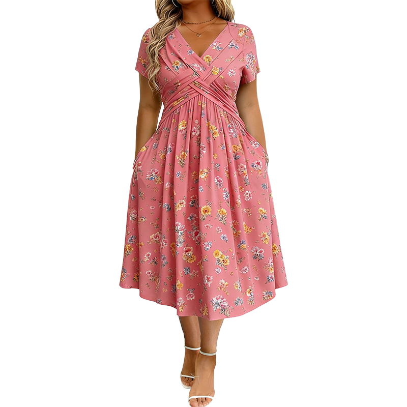 ✨Women's V-Neck Floral Print Dress with Twist Waist