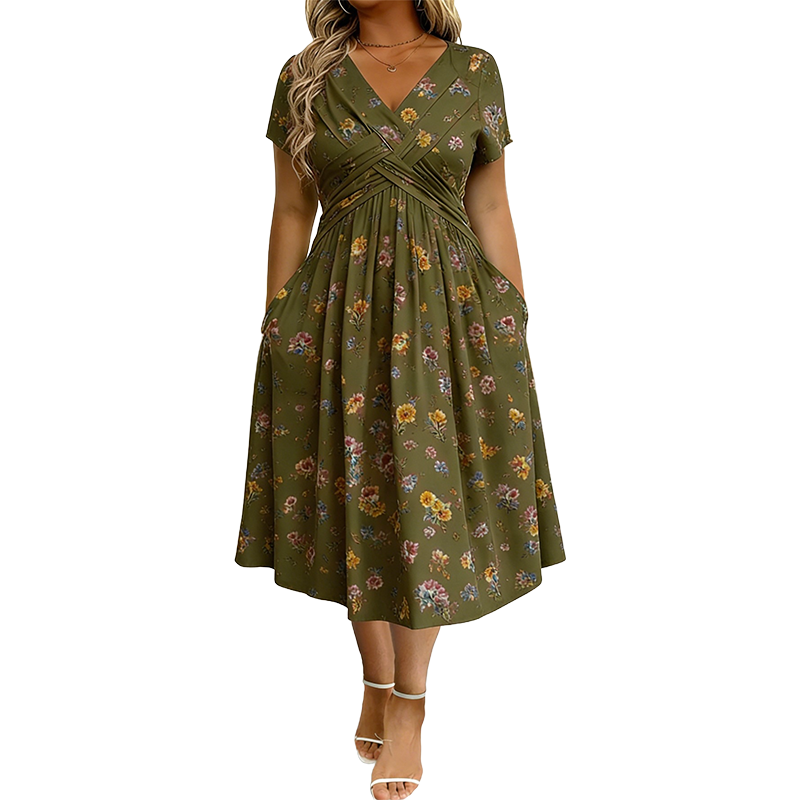 ✨Women's V-Neck Floral Print Dress with Twist Waist