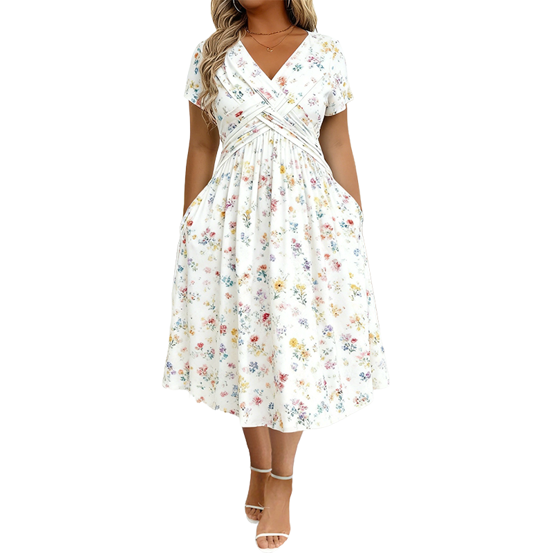 ✨Women's V-Neck Floral Print Dress with Twist Waist