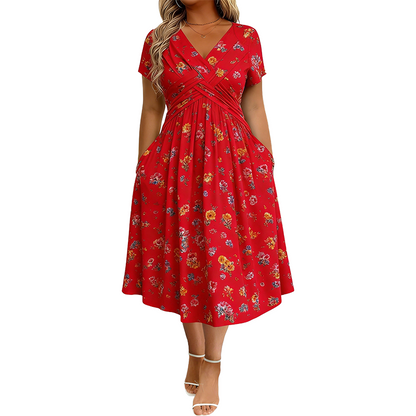 ✨Women's V-Neck Floral Print Dress with Twist Waist
