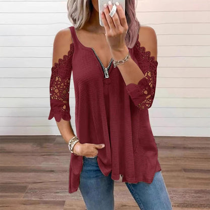 Must-Have🔥 Lace Cold Shoulder Top with Zipper – Edgy Detail & Breathable Fabric for Effortless Style ✨