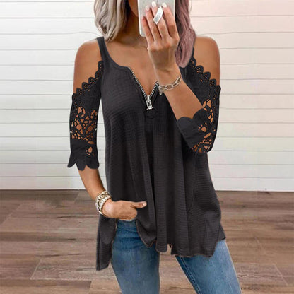 Must-Have🔥 Lace Cold Shoulder Top with Zipper – Edgy Detail & Breathable Fabric for Effortless Style ✨