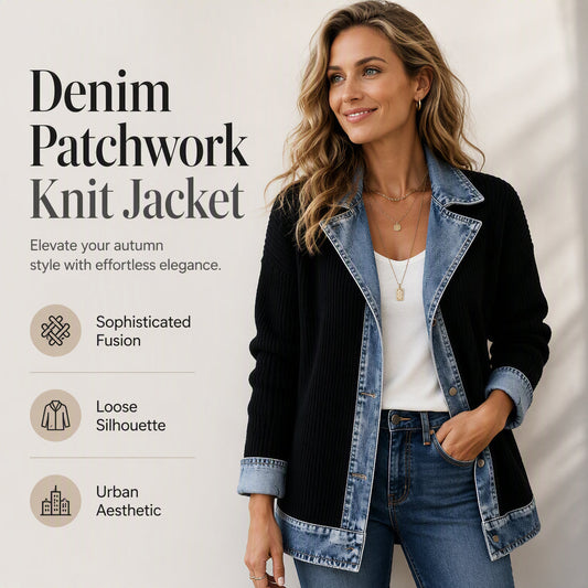 Women’s Elegant Denim Spliced Ribbed Knit Coat