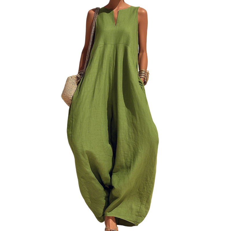 Women's Sleeveless V-Neck Wide-Leg Jumpsuit with Pockets
