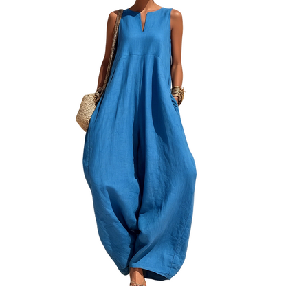 Women's Sleeveless V-Neck Wide-Leg Jumpsuit with Pockets