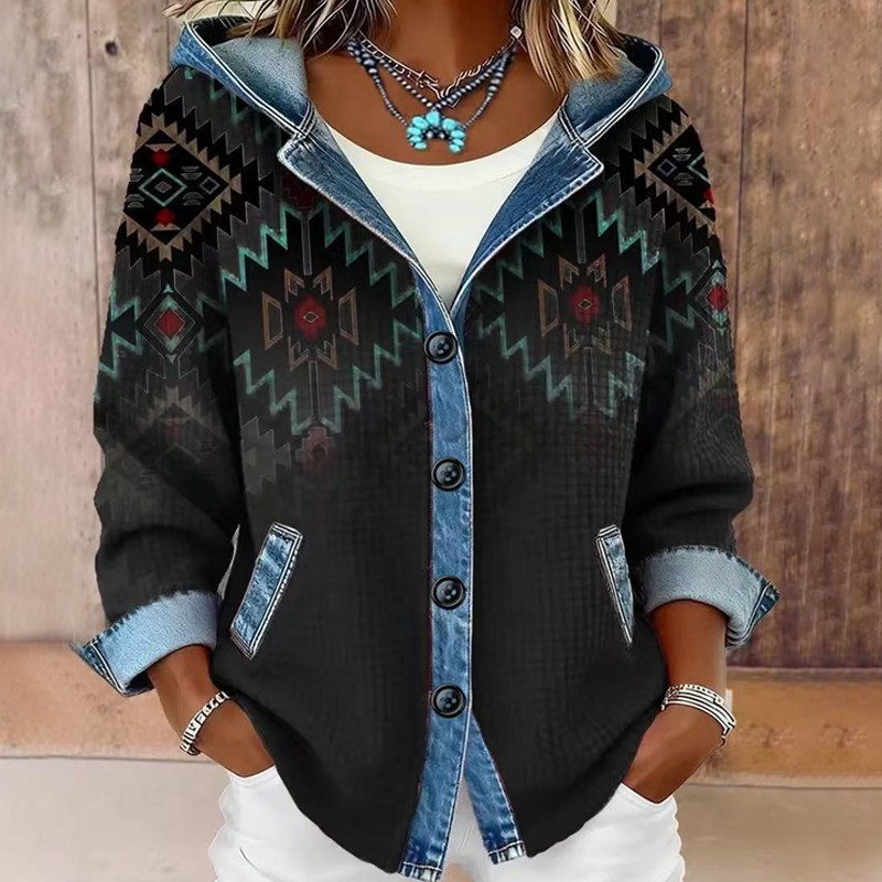 Women's Denim Patchwork Hooded Jacket