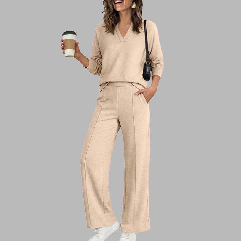 ✨Women's 2 Piece Outfits V Neck Lounge Set | Raglan Long Sleeve Top & Wide Leg Pants