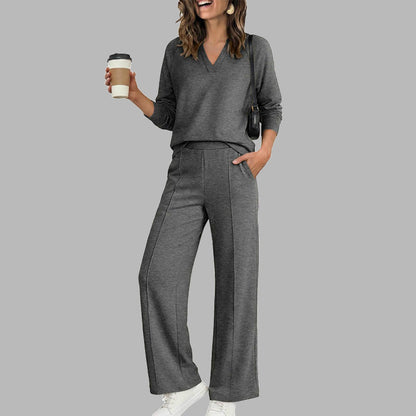 ✨Women's 2 Piece Outfits V Neck Lounge Set | Raglan Long Sleeve Top & Wide Leg Pants