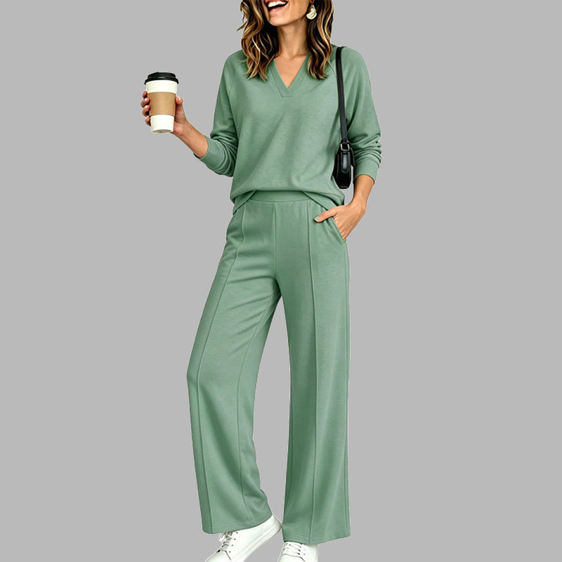 ✨Women's 2 Piece Outfits V Neck Lounge Set | Raglan Long Sleeve Top & Wide Leg Pants