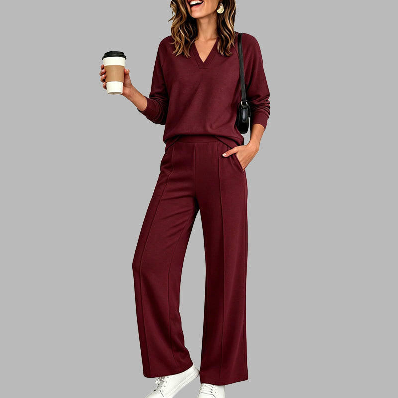 ✨Women's 2 Piece Outfits V Neck Lounge Set | Raglan Long Sleeve Top & Wide Leg Pants
