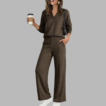 ✨Women's 2 Piece Outfits V Neck Lounge Set | Raglan Long Sleeve Top & Wide Leg Pants