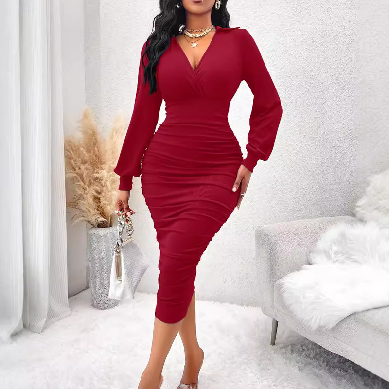💃 Designed to Flatter | Women's V-Neck Ruched Lantern-Sleeve Bodycon Dress