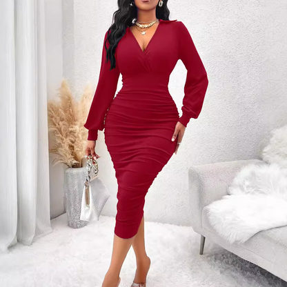 💃 Designed to Flatter | Women's V-Neck Ruched Lantern-Sleeve Bodycon Dress