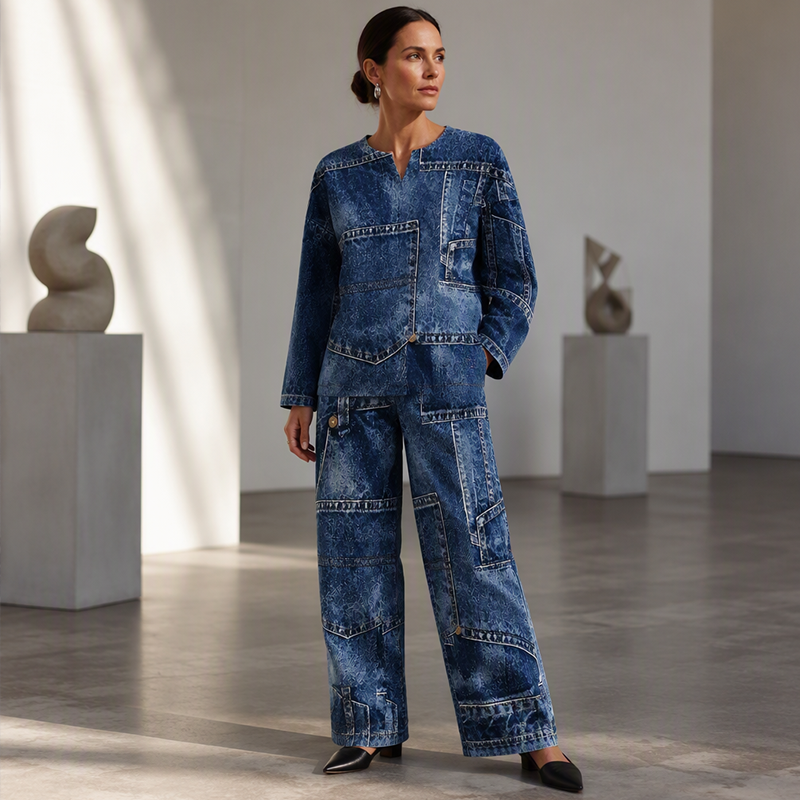 🎨 Denim Look, Lighter Feel | Women's Patchwork Wide-Leg 2-Piece Set