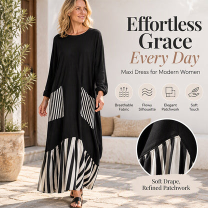 👗 Eye-Catching Pattern Mix, Graceful Long-Line Flow | Women's Striped Patchwork Long Sleeve Maxi Dress