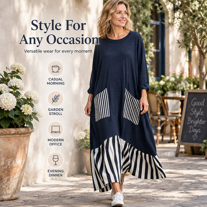 👗 Eye-Catching Pattern Mix, Graceful Long-Line Flow | Women's Striped Patchwork Long Sleeve Maxi Dress