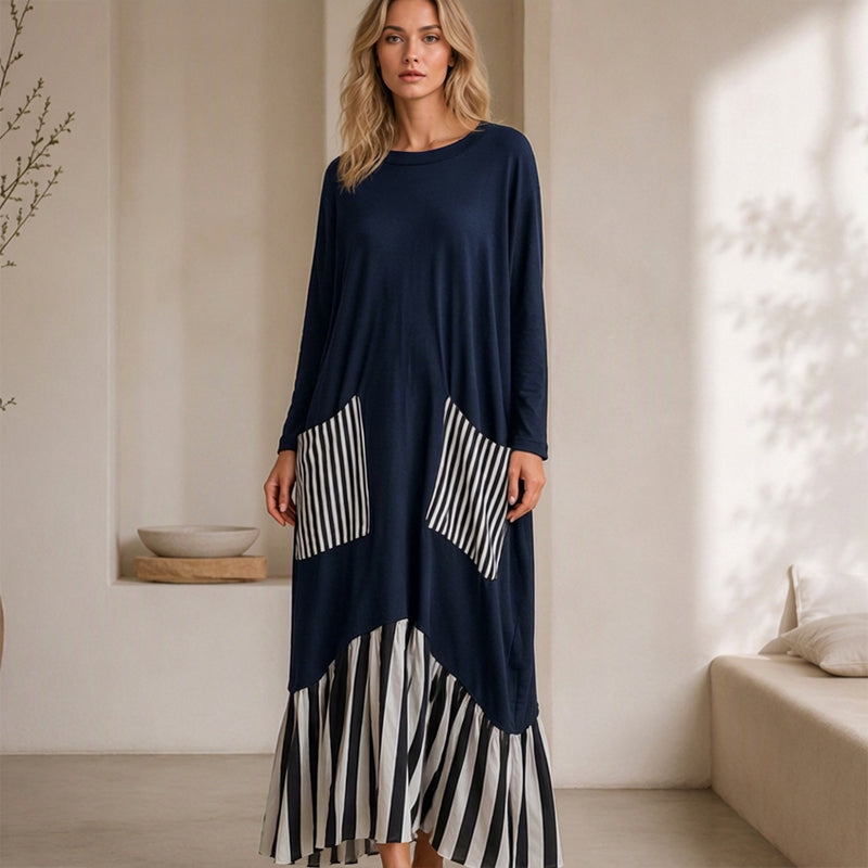 👗 Eye-Catching Pattern Mix, Graceful Long-Line Flow | Women's Striped Patchwork Long Sleeve Maxi Dress