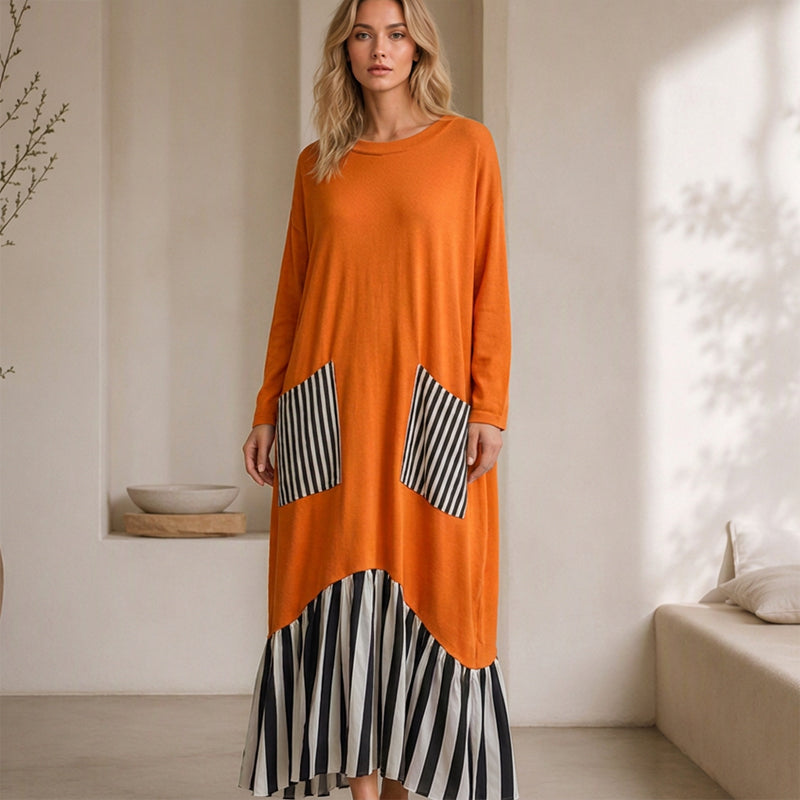 👗 Eye-Catching Pattern Mix, Graceful Long-Line Flow | Women's Striped Patchwork Long Sleeve Maxi Dress