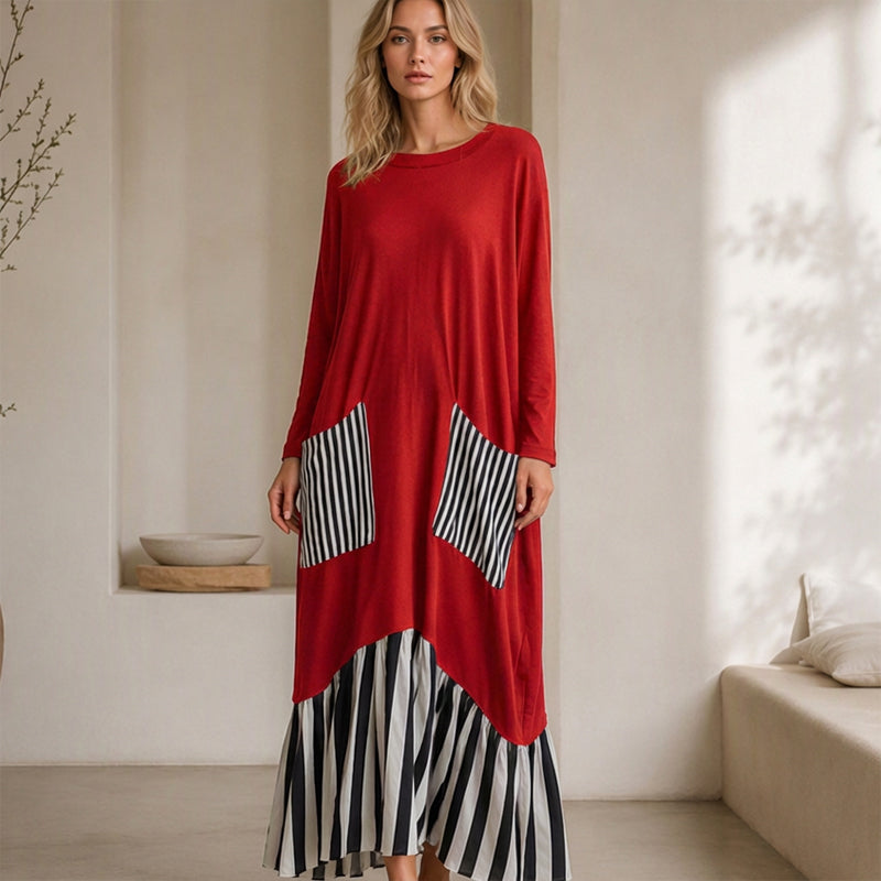 👗 Eye-Catching Pattern Mix, Graceful Long-Line Flow | Women's Striped Patchwork Long Sleeve Maxi Dress